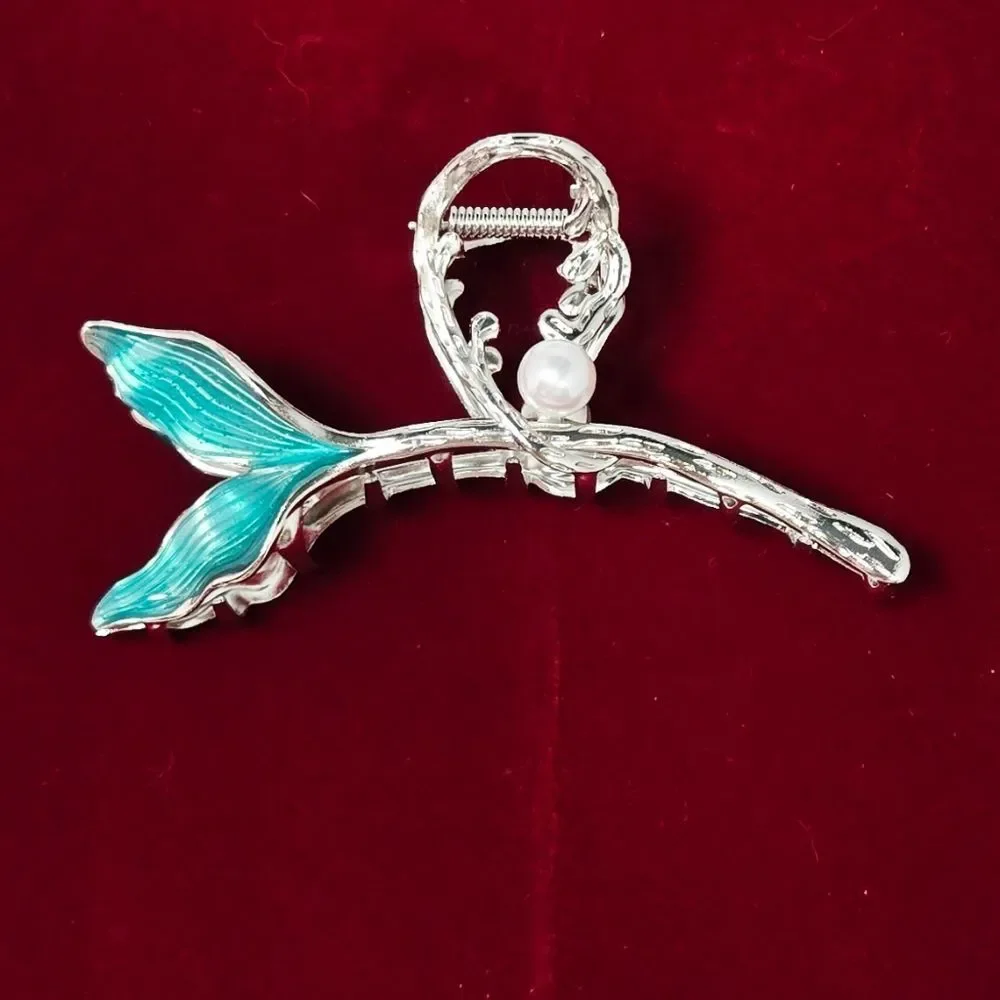 Large Mermaid Tail Hair Claw Turquoise Enamel Pearl Coastal Statement Clip